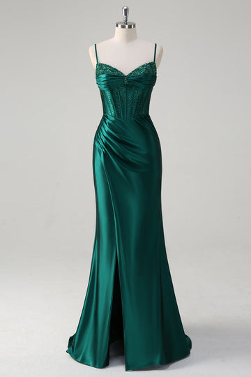 ZAPAKA Women Sparkly Corset Dark Green Mermaid Prom Dress with Slit Spaghetti Straps Beaded Formal Dress